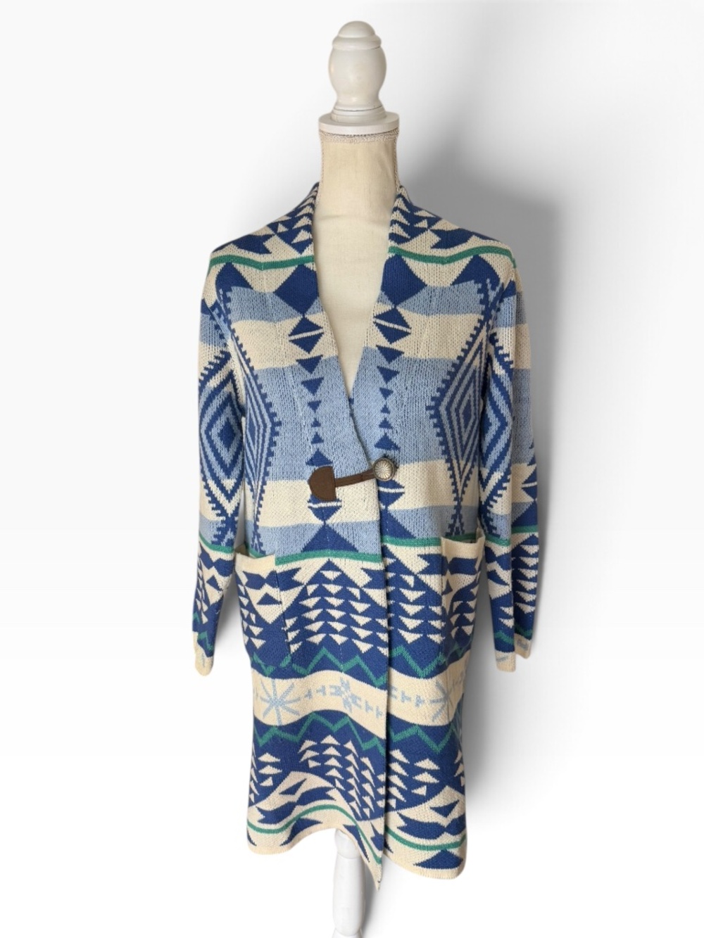 Rain + Rose Cardigan Women's S Blue Southwestern Geometric Long Open Front Knit